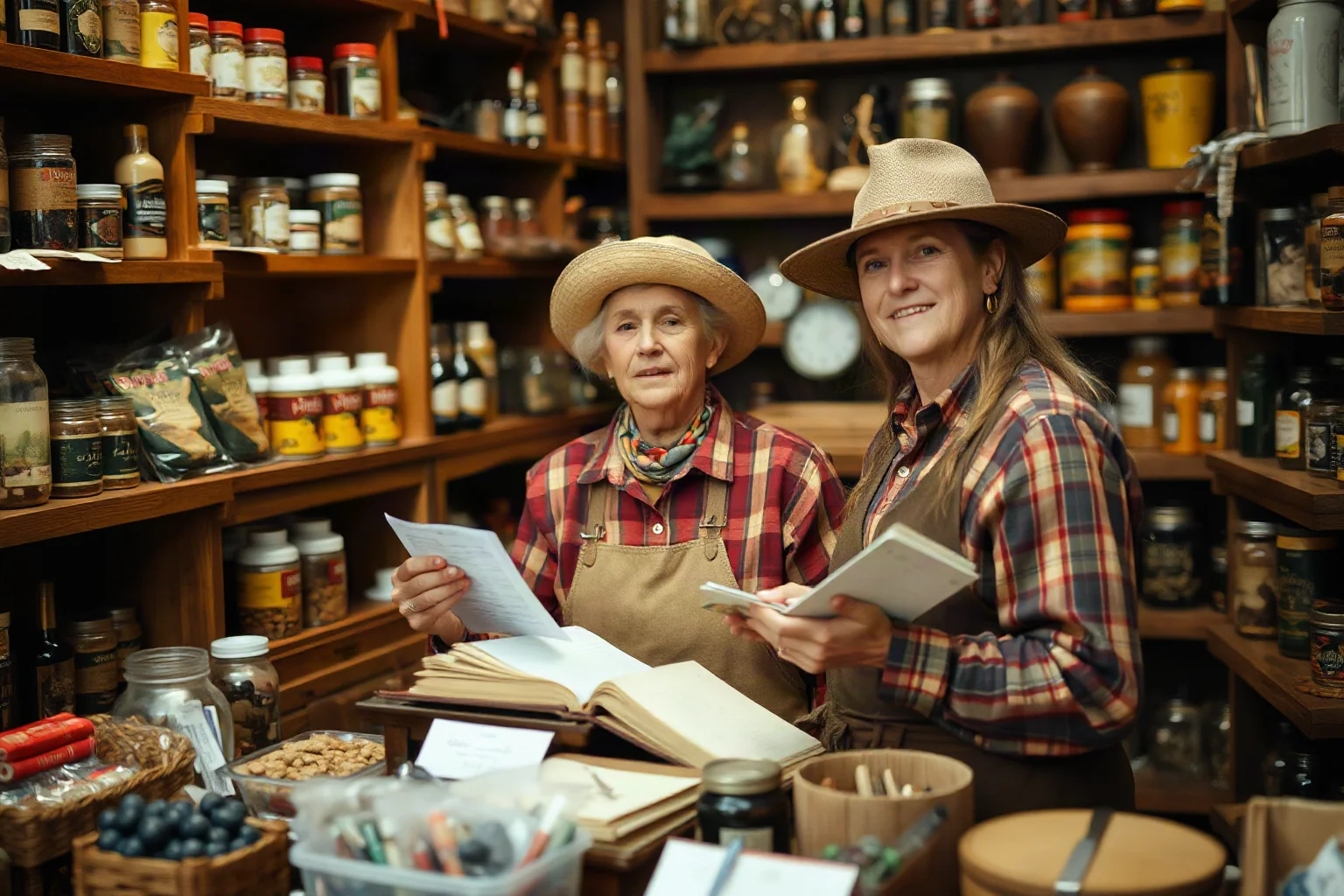 A frontier woman running a general store, ledger in hand, surrounded by goods on shelves
