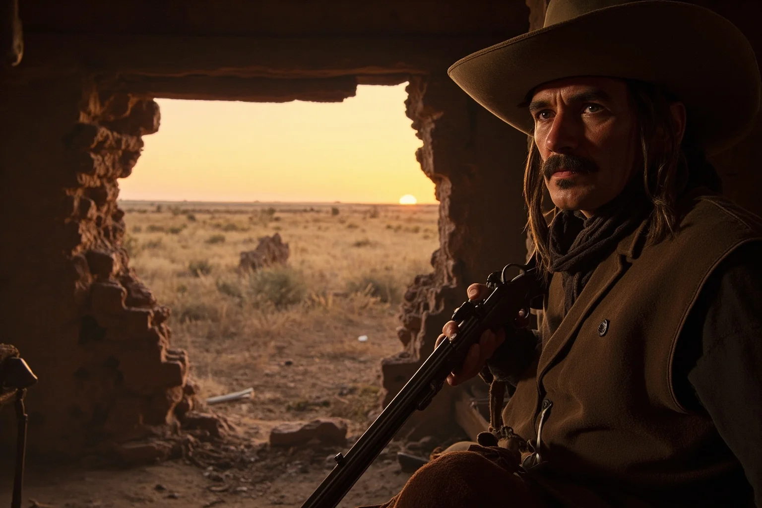 A frontiersman in buckskin holding a rifle inside a crumbling adobe fort at dawn