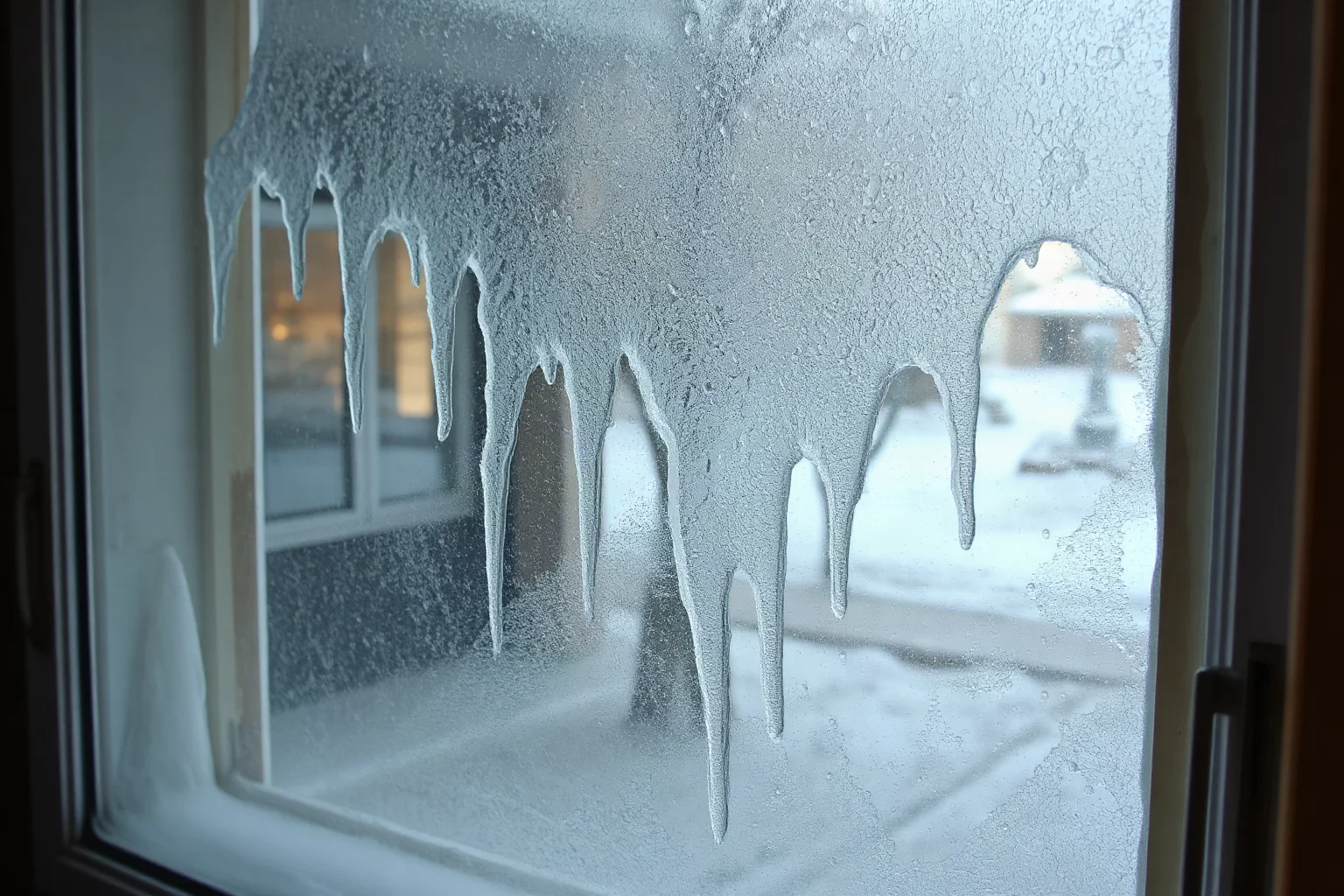 A frost-covered apartment window with icicles inside a room, illustrating extreme wartime winter cold