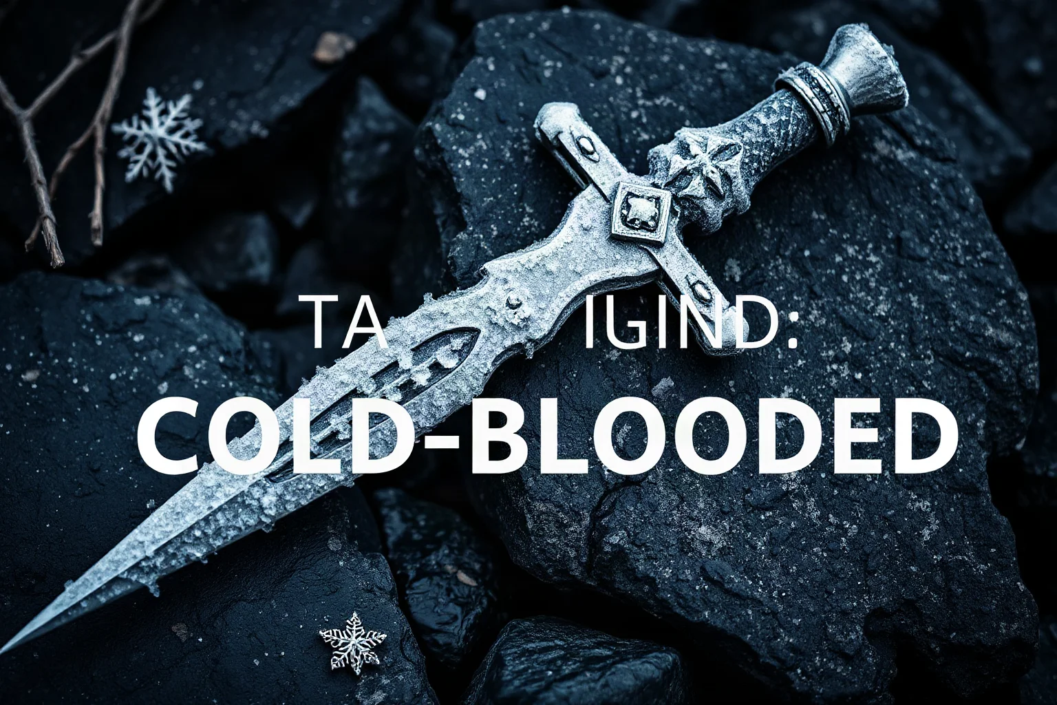 A frozen frost-covered dagger resting on dark stone, representing the phrase 'Cold-Blooded'