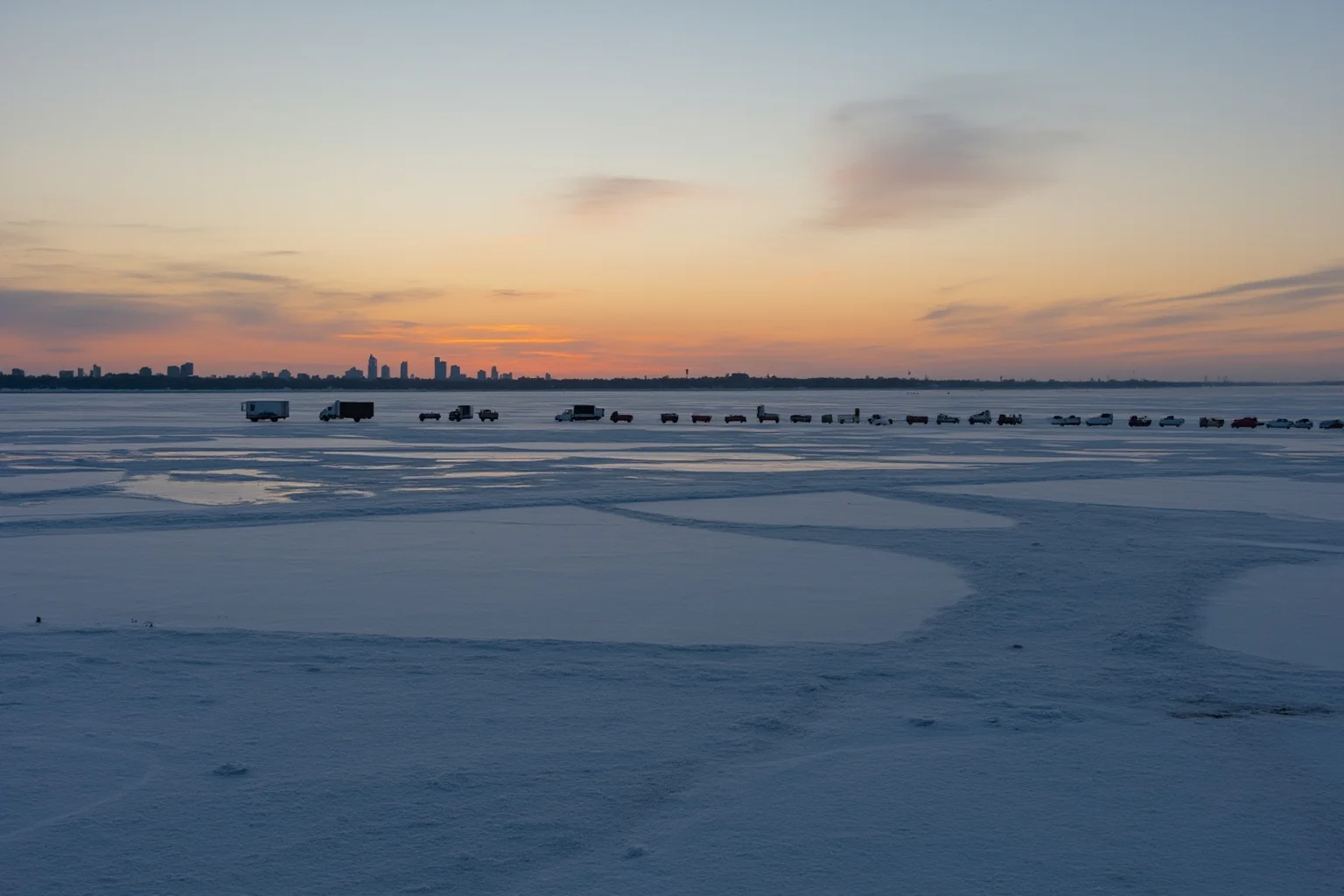 A frozen lake at dusk with a line of trucks driving across the ice, distant besieged city skyline