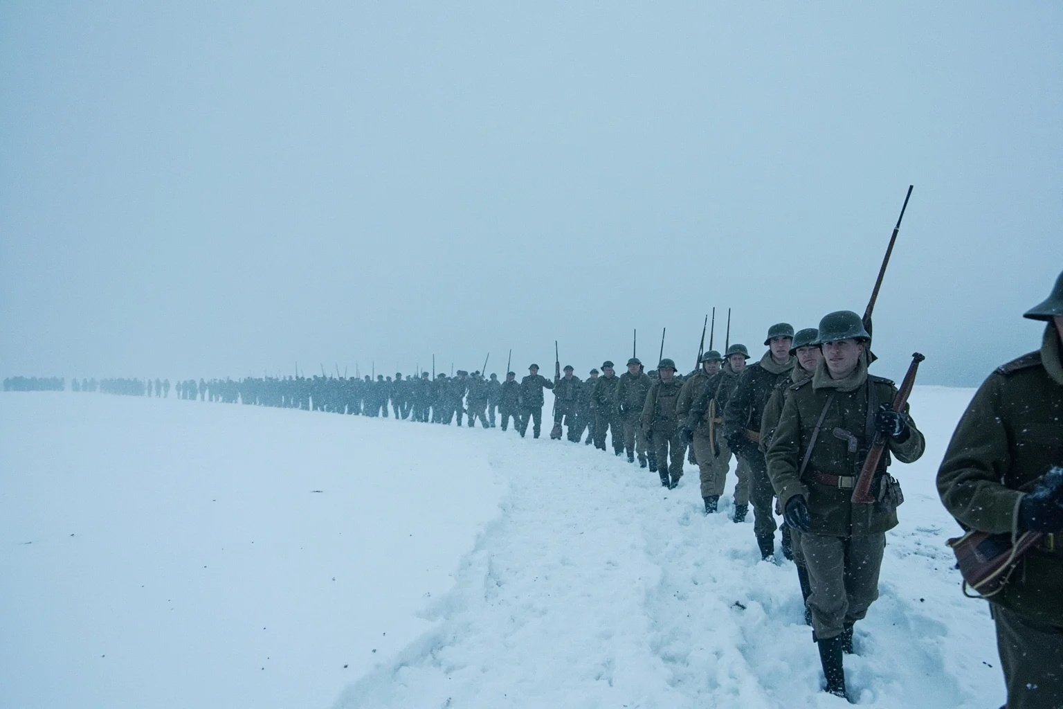 A frozen snowy landscape with the silhouette of a long, weary column of soldiers retreating in a blizzard