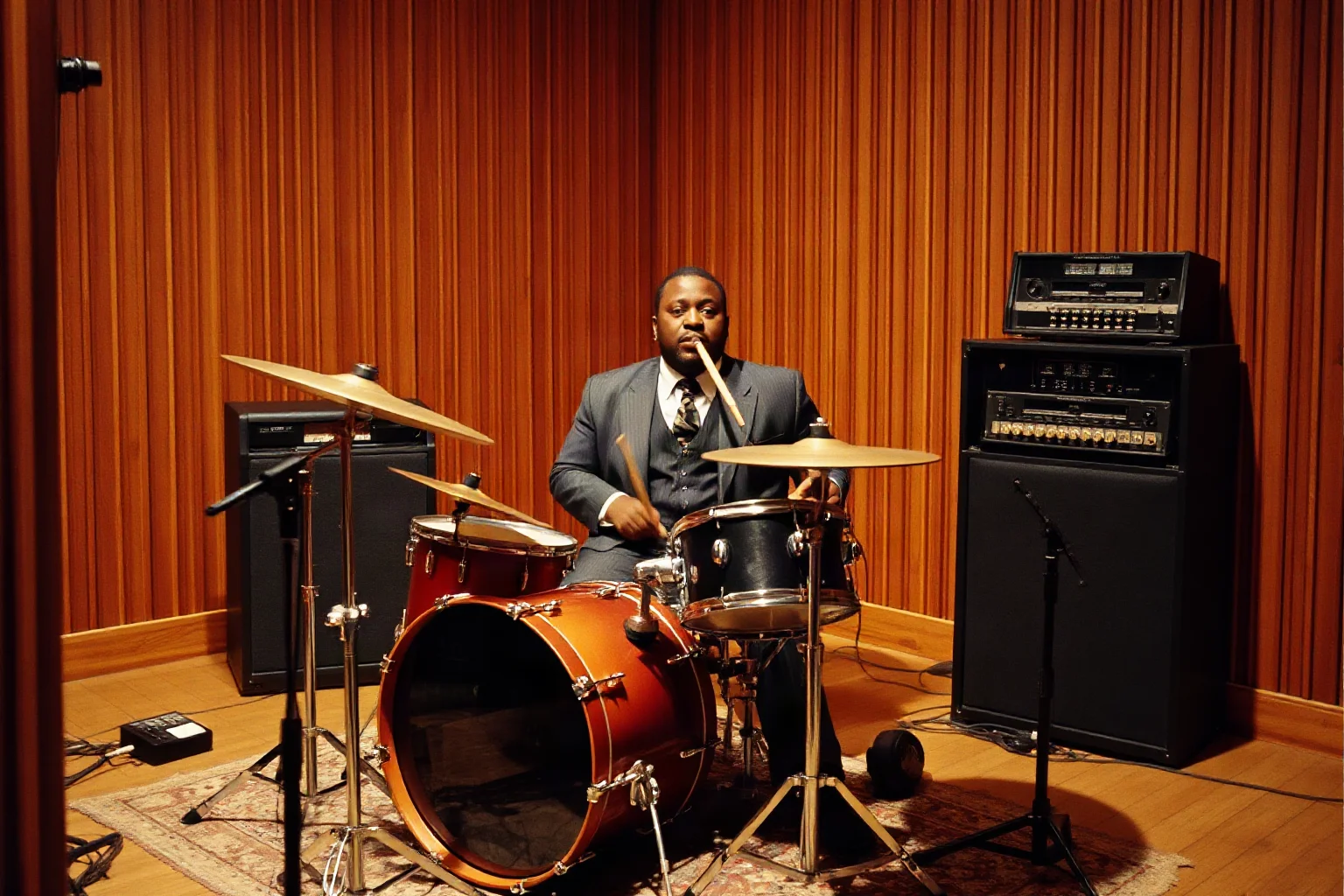 A funk drummer playing a tight groove on a simple kit in a 1970s recording studio