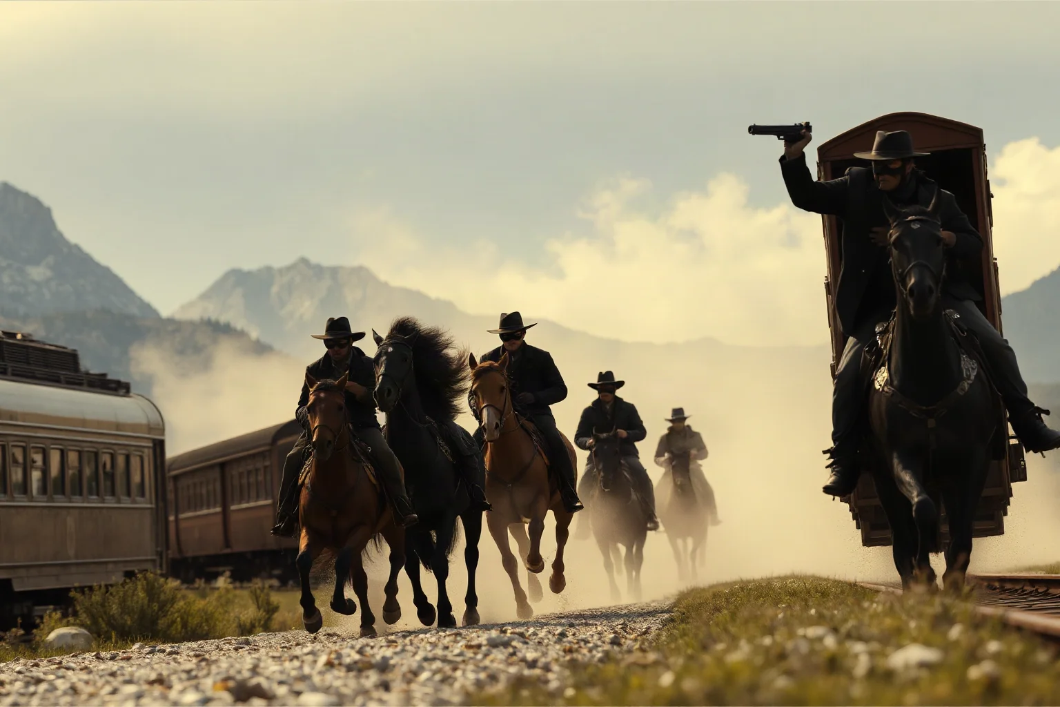 A gang of masked riders galloping away from a train after a robbery in the mountains