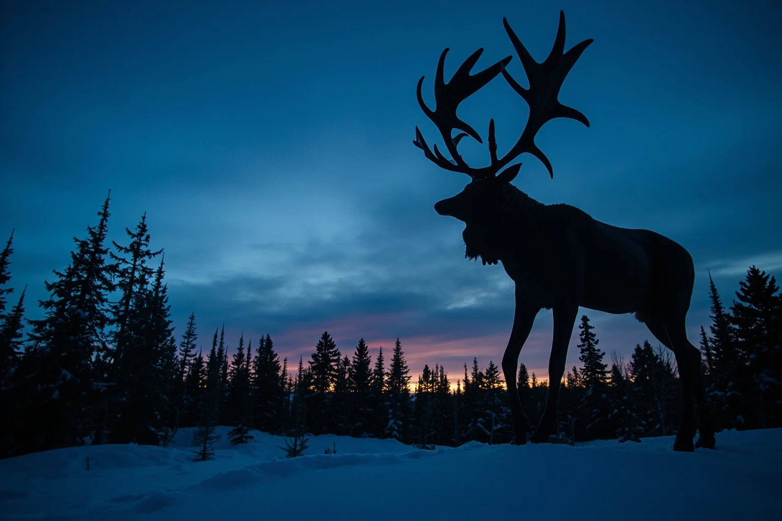 A gaunt, antlered wendigo silhouette looming over a snowy pine forest at dusk