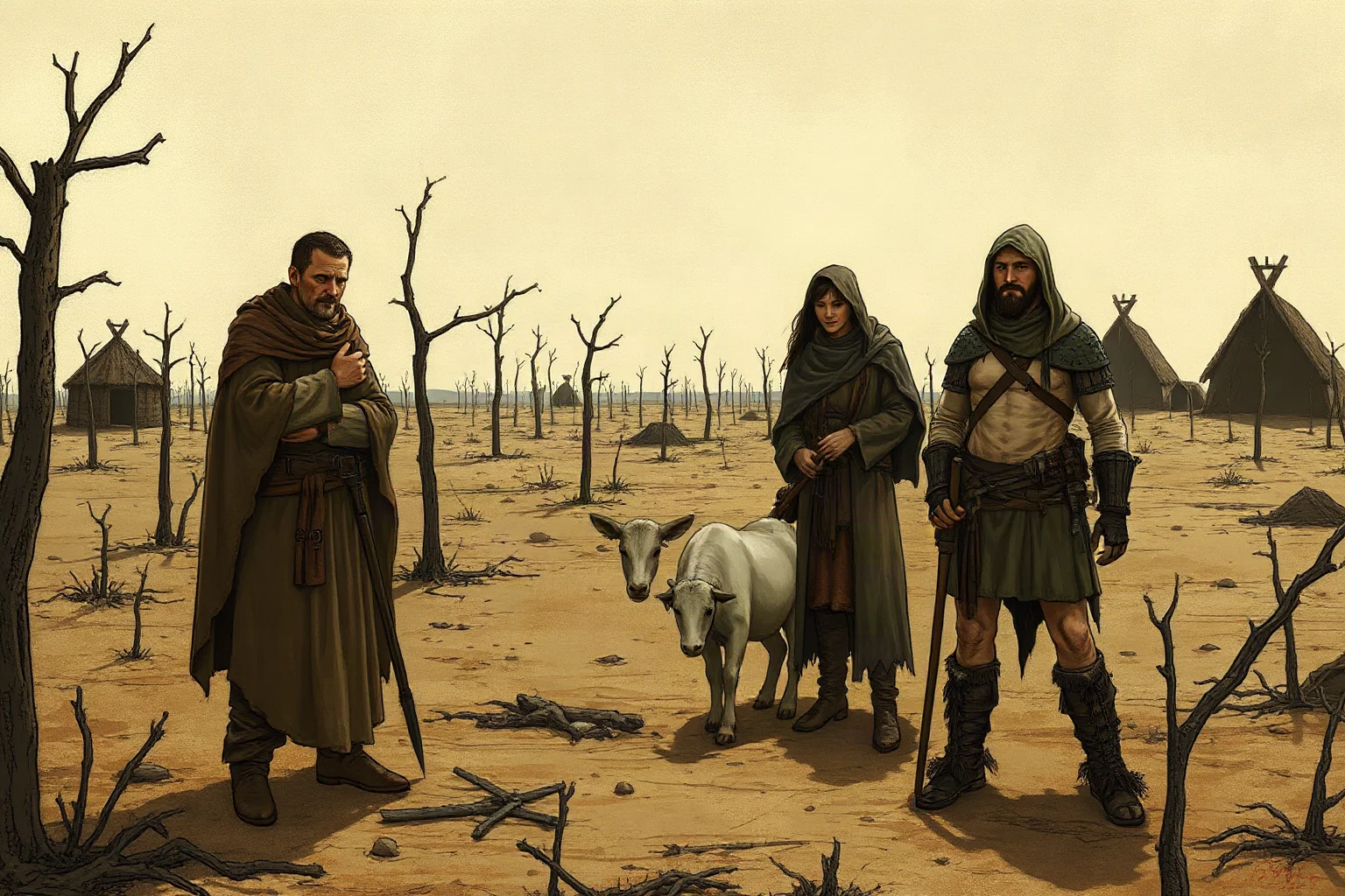 A gaunt medieval family standing in a barren famine-stricken field, muted earthy tones, historical illustration