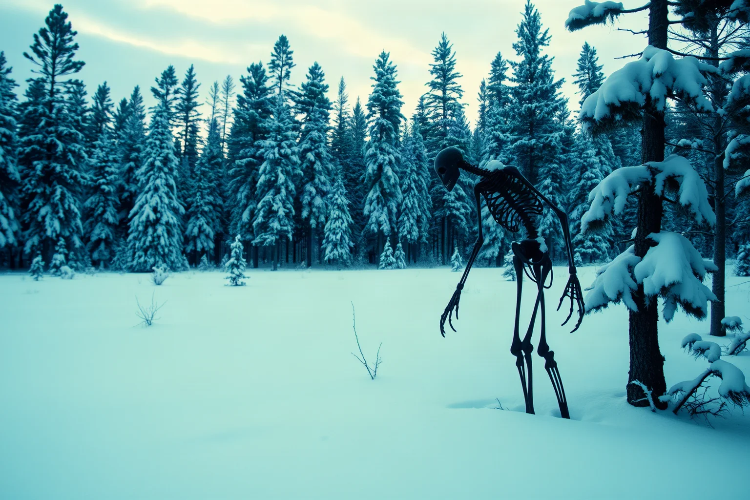 A gaunt, skeletal winter spirit looming at the edge of a snow-covered pine forest at dusk