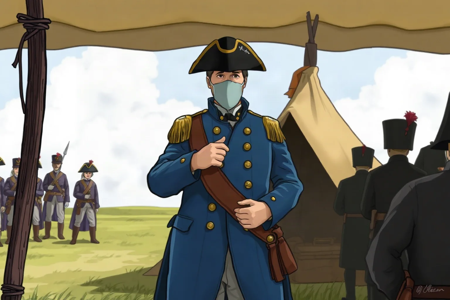 A general in a blue colonial military coat addressing troops outside a canvas tent, historical illustration, face obscured or generic