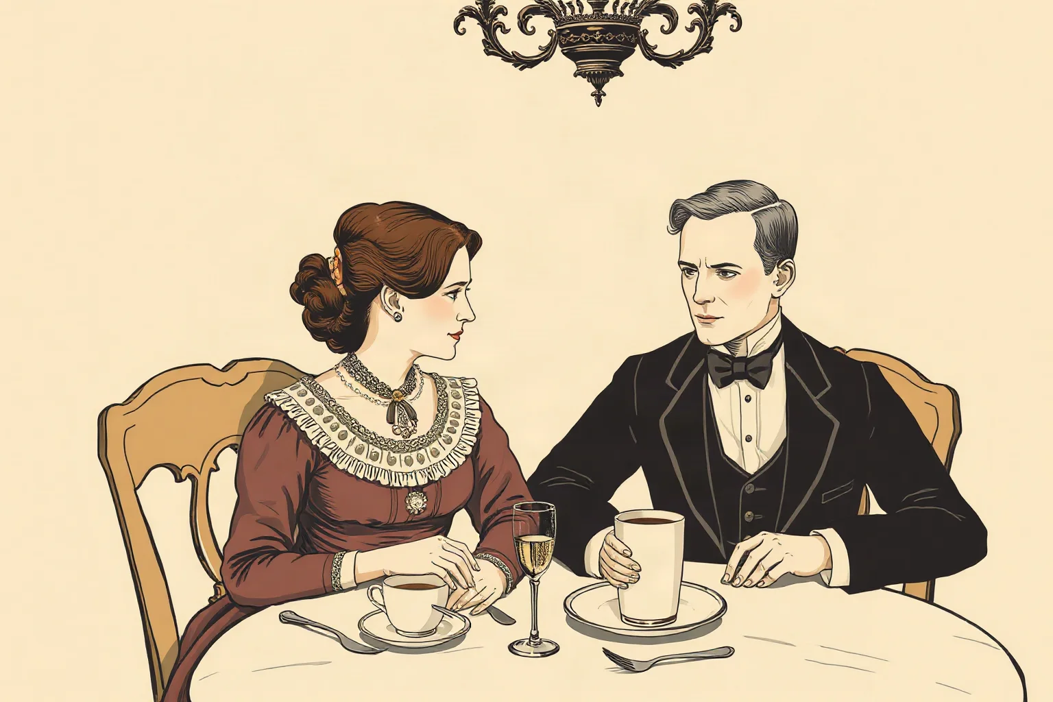 A gentle vintage illustration of a Victorian-era couple sitting closely together at a formal dinner table
