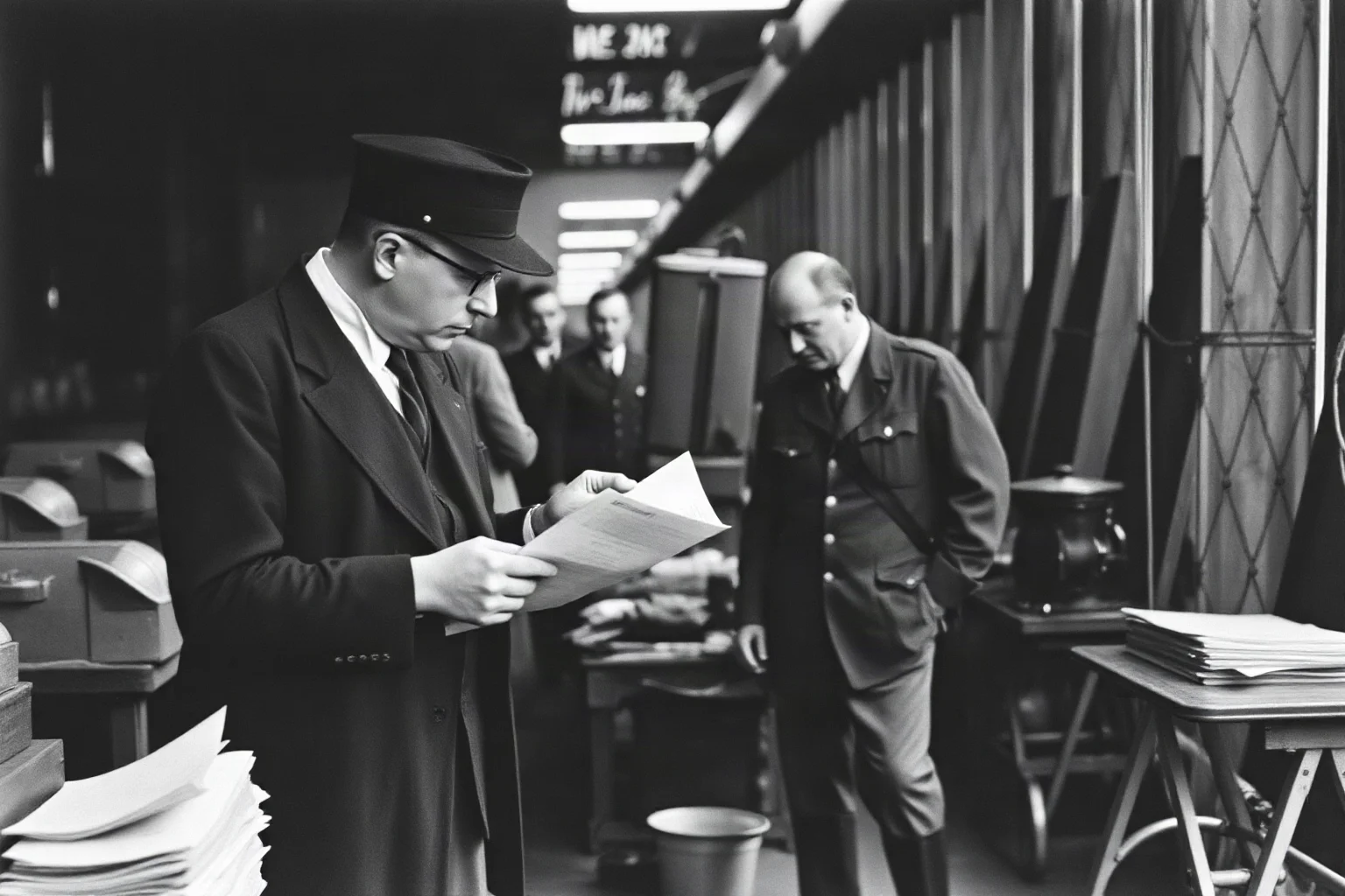 A German industrialist in a factory setting, using paperwork and bribes to protect Jewish workers from deportation