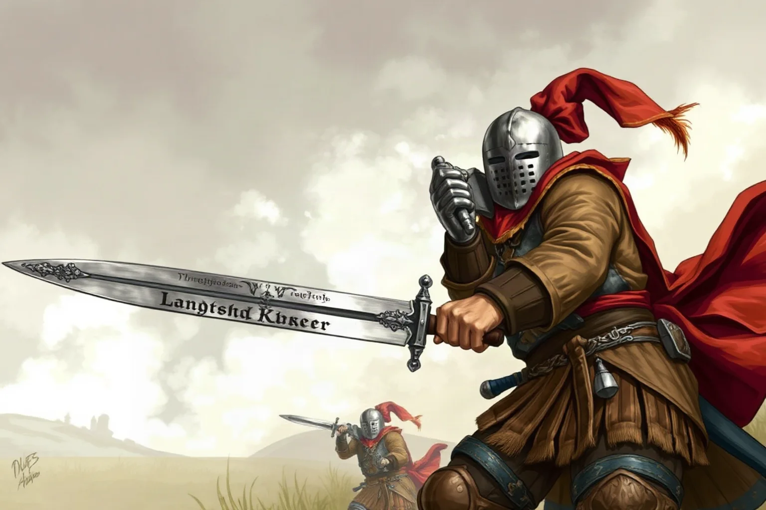 A German Landsknecht mercenary wielding a massive two-handed Zweihander sword, historical illustration