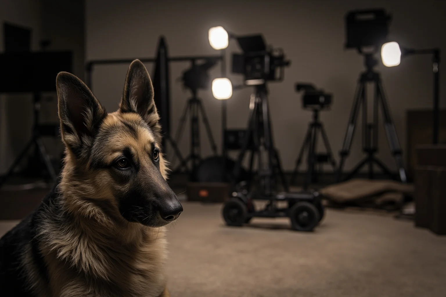 Most Famous Dogs in History: 22 Iconic Canines Who Made Their Mark 10 A German Shepherd dog sitting on an old film set with vintage cameras and lights in the background