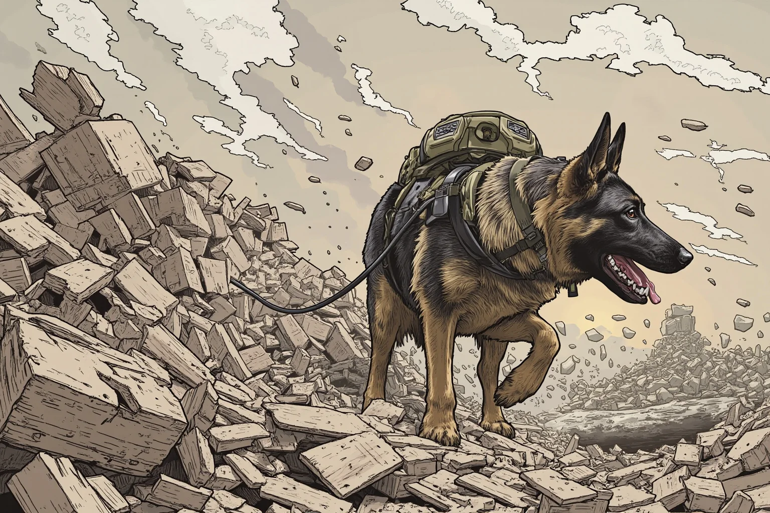 22 Animal Heroes Who Changed Human History 20 A German Shepherd search dog navigating rubble at a disaster site, illustrative style