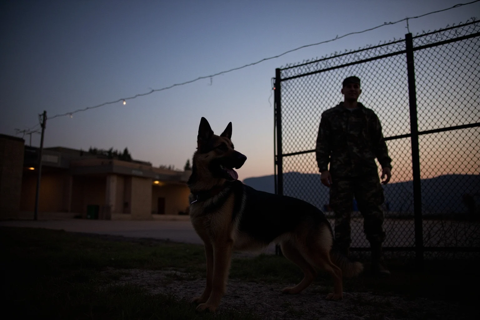 Most Famous Dogs in History: 22 Iconic Canines Who Made Their Mark 20 A German Shepherd sentry dog standing alert beside a military airbase fence at dusk