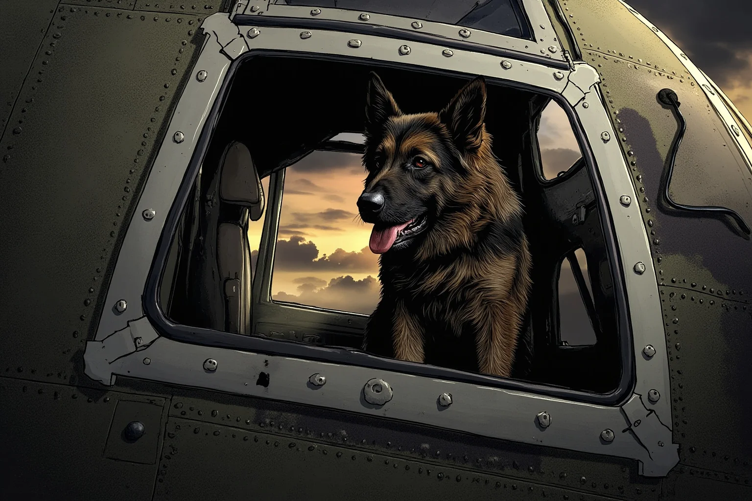 22 Animal Heroes Who Changed Human History 11 A German Shepherd sitting inside a WWII bomber aircraft cockpit, illustrative style