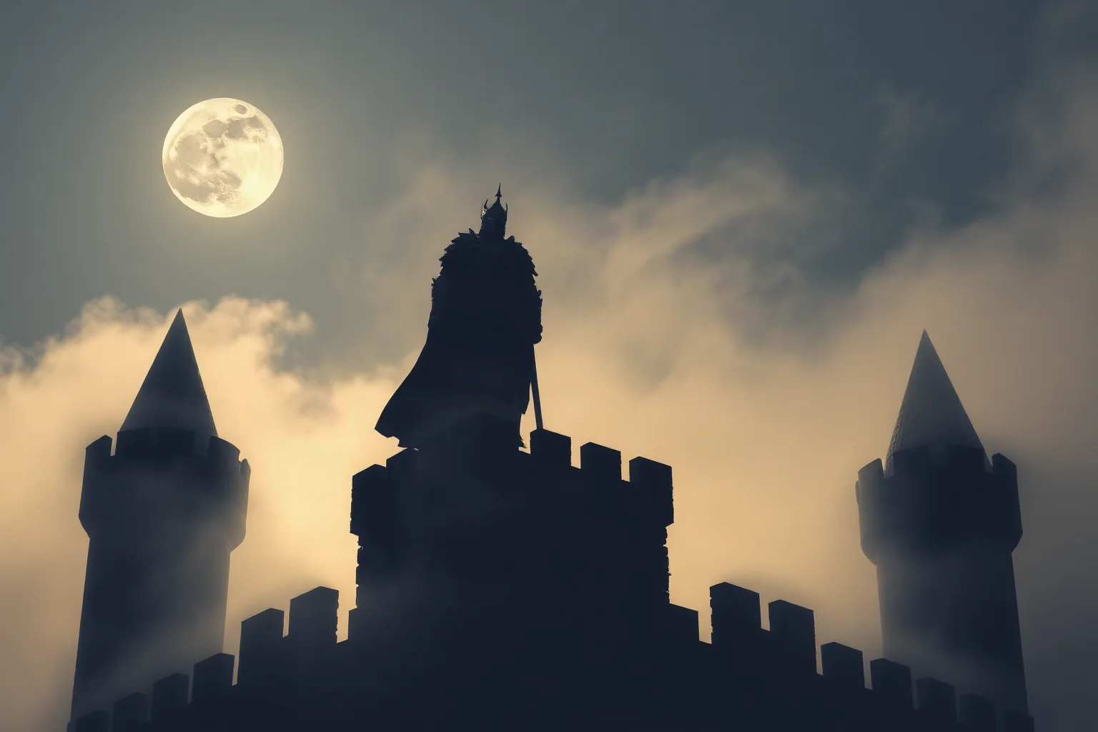 A ghostly armored king's silhouette standing atop misty castle battlements under a pale moon, medieval atmosphere