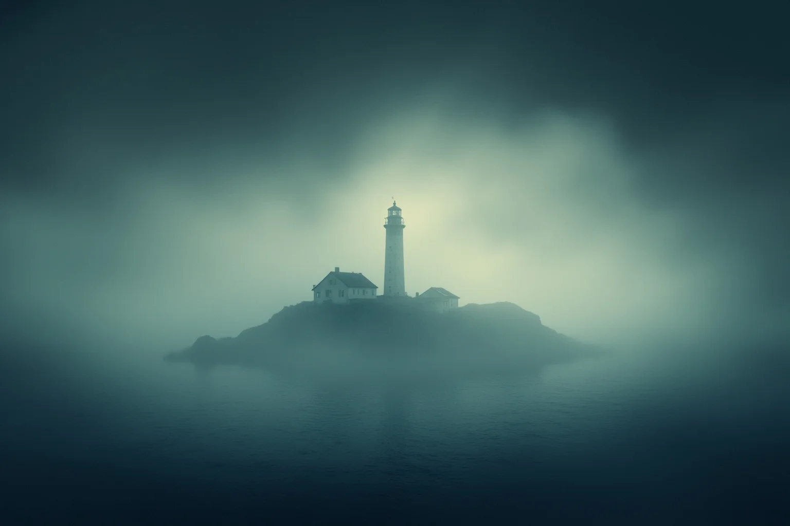 A ghostly, atmospheric painting-style image of mist swirling around a lonely island lighthouse