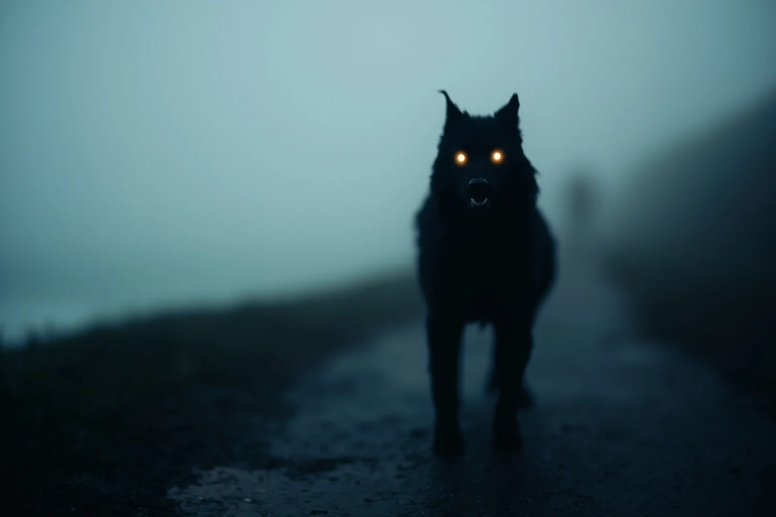 Famous Cryptids: 10 You Know and 16 Wild Ones You Probably Don't 21 A ghostly black dog with glowing eyes walking along a foggy English coastal path