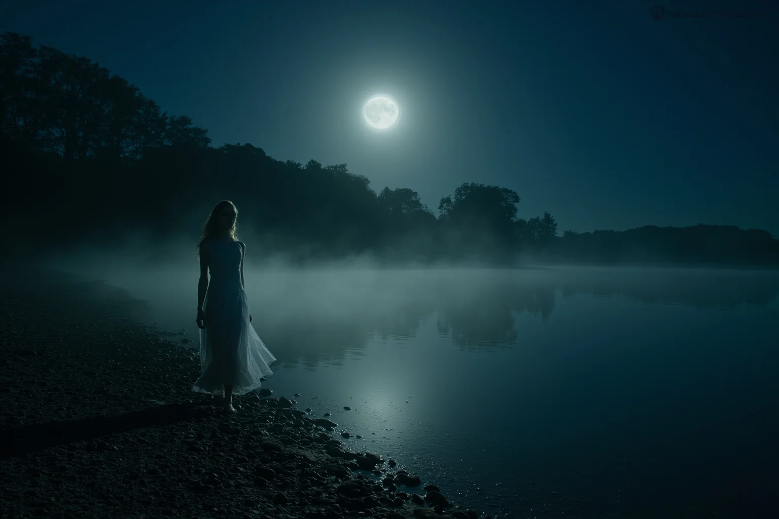 Myths That Defined Cultures: 20 Legends Born From True Events 15 A ghostly female figure in a flowing white dress walking along a moonlit riverbank