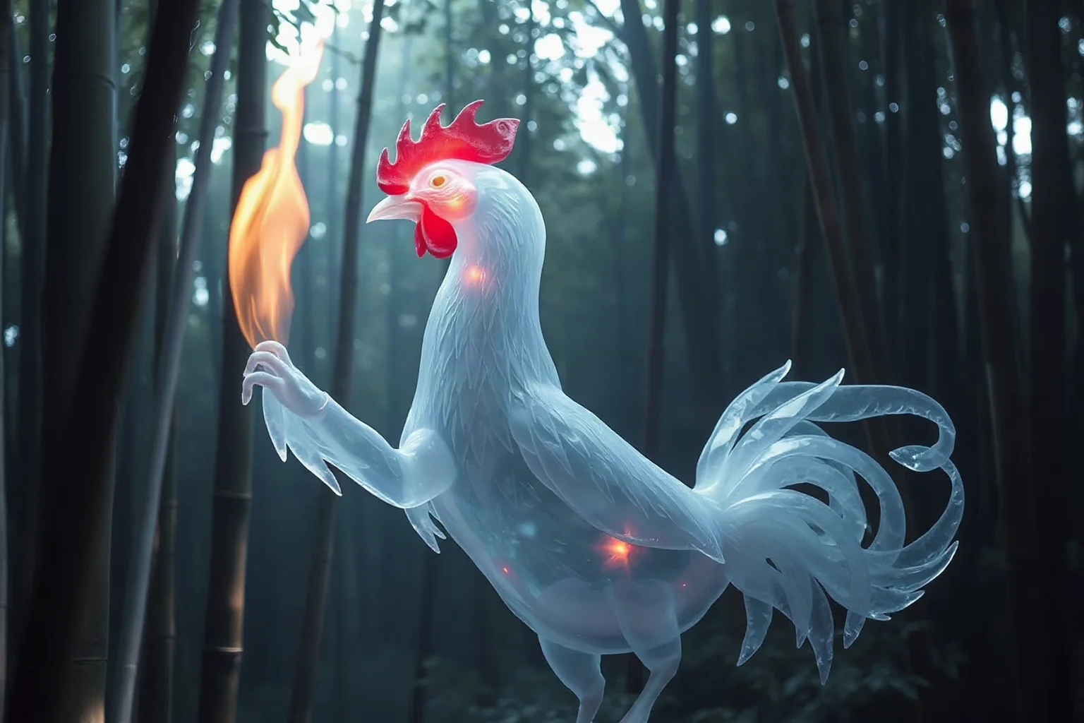 A ghostly translucent chicken-like creature emitting cold phantom flame in a quiet bamboo grove