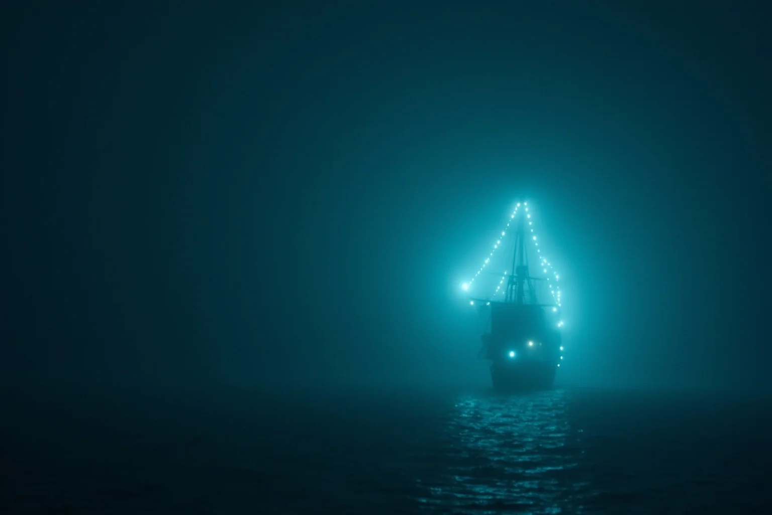 22 Ocean Mysteries We Still Haven't Solved 6 A ghostly translucent sailing ship silhouette glowing faintly against a foggy night sea