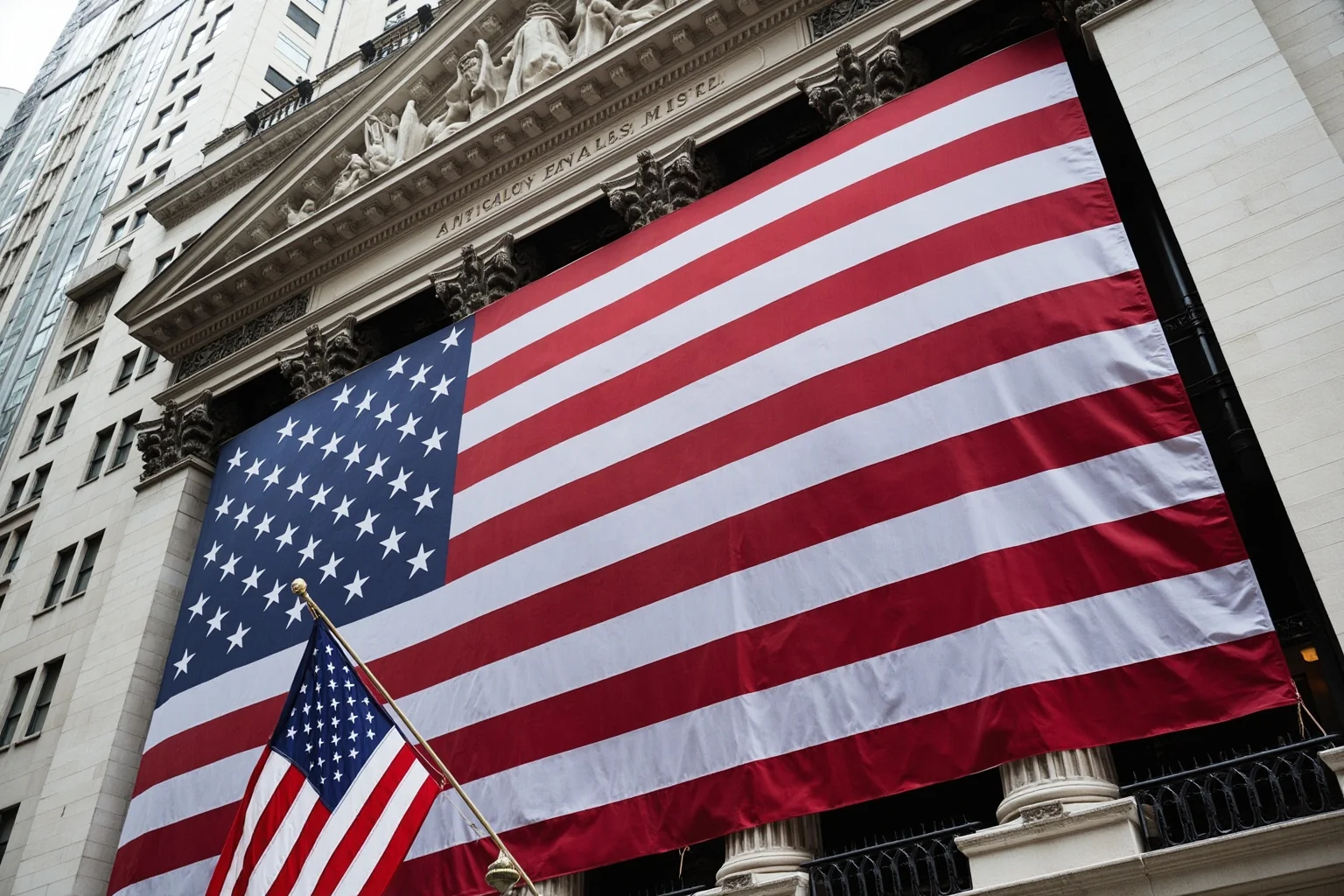 A giant American flag draped down the side of a large stone government building facade