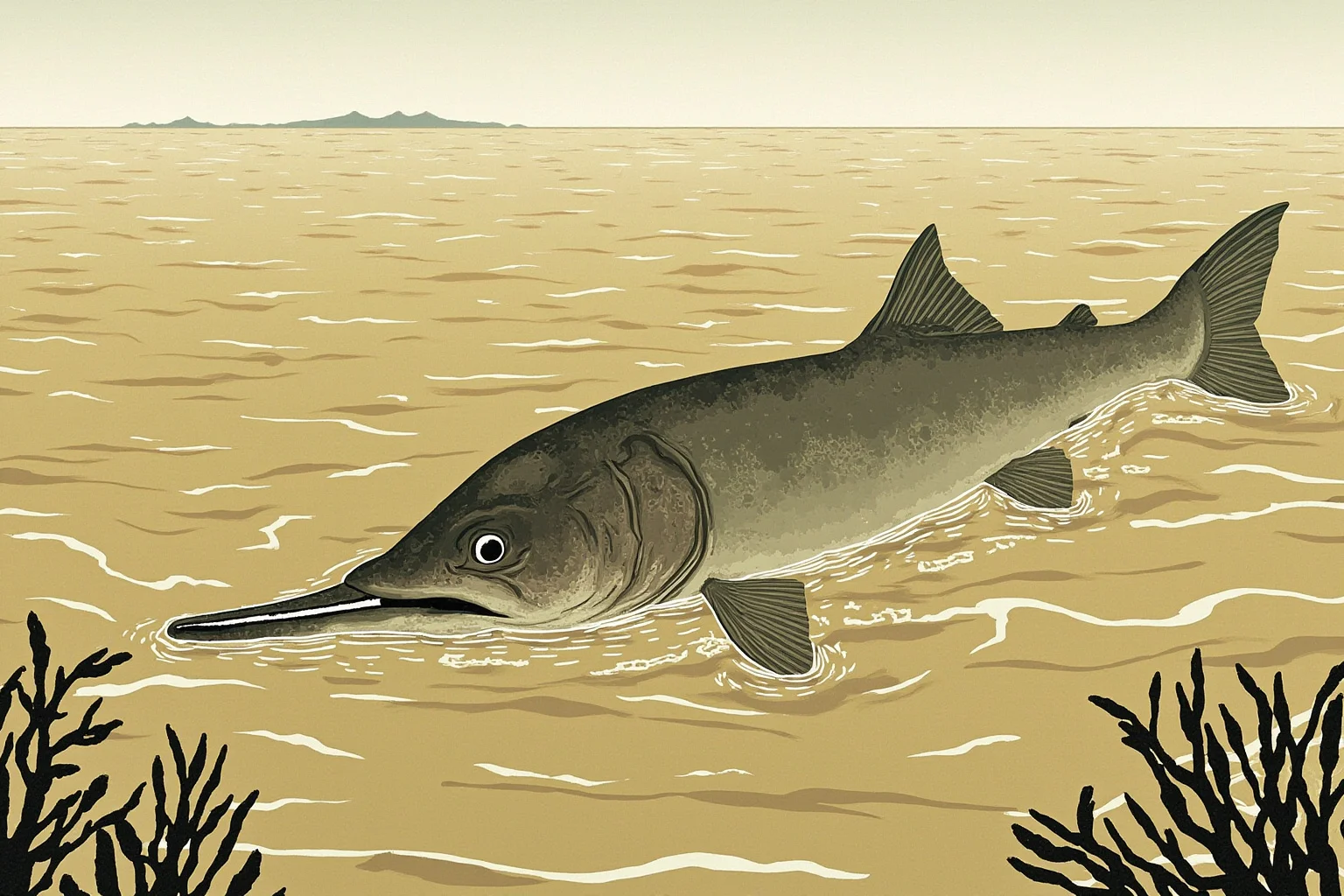 Recently Extinct Animals: A Complete List From the Last 10–20 Years 10 A giant long-snouted freshwater fish swimming in a wide muddy river, illustrative wildlife art style