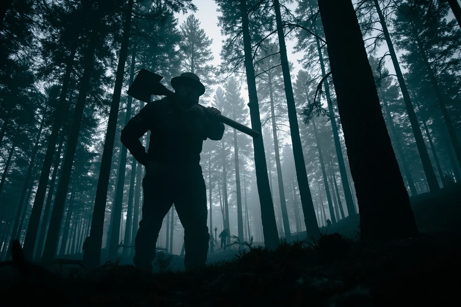 Myths That Defined Cultures: 20 Legends Born From True Events 16 A giant lumberjack silhouette walking through a dense pine forest carrying a massive axe