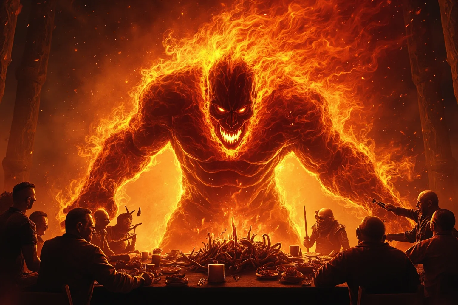 From Thor to Loki: 20 Gods, Goddesses, and Heroes of Norse Mythology 17 A giant made of living flame devouring everything before him at a feast table, dramatic fiery fantasy illustration