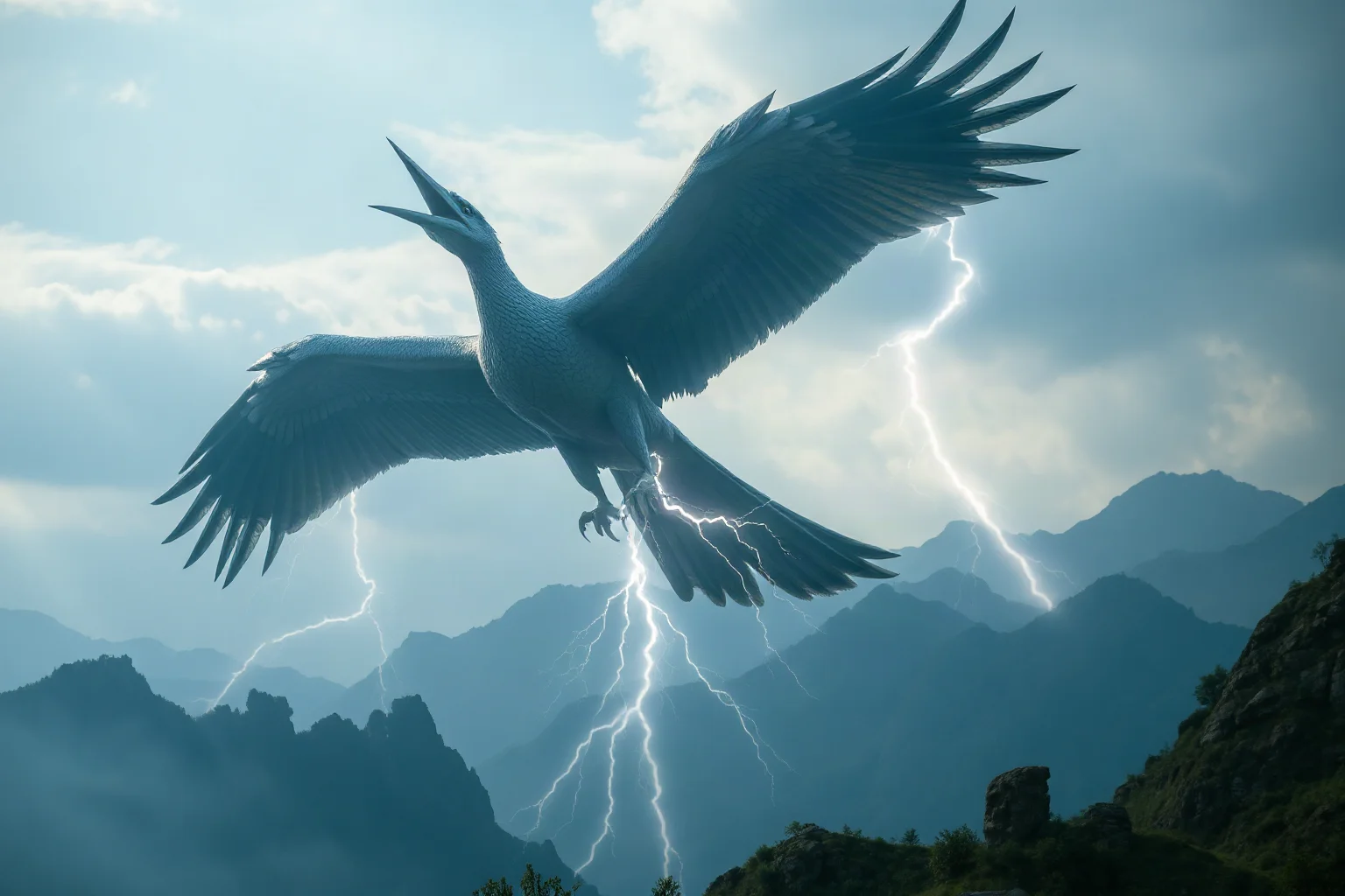 A giant mythical bird with lightning bolts streaming from its enormous wingspan over mountains