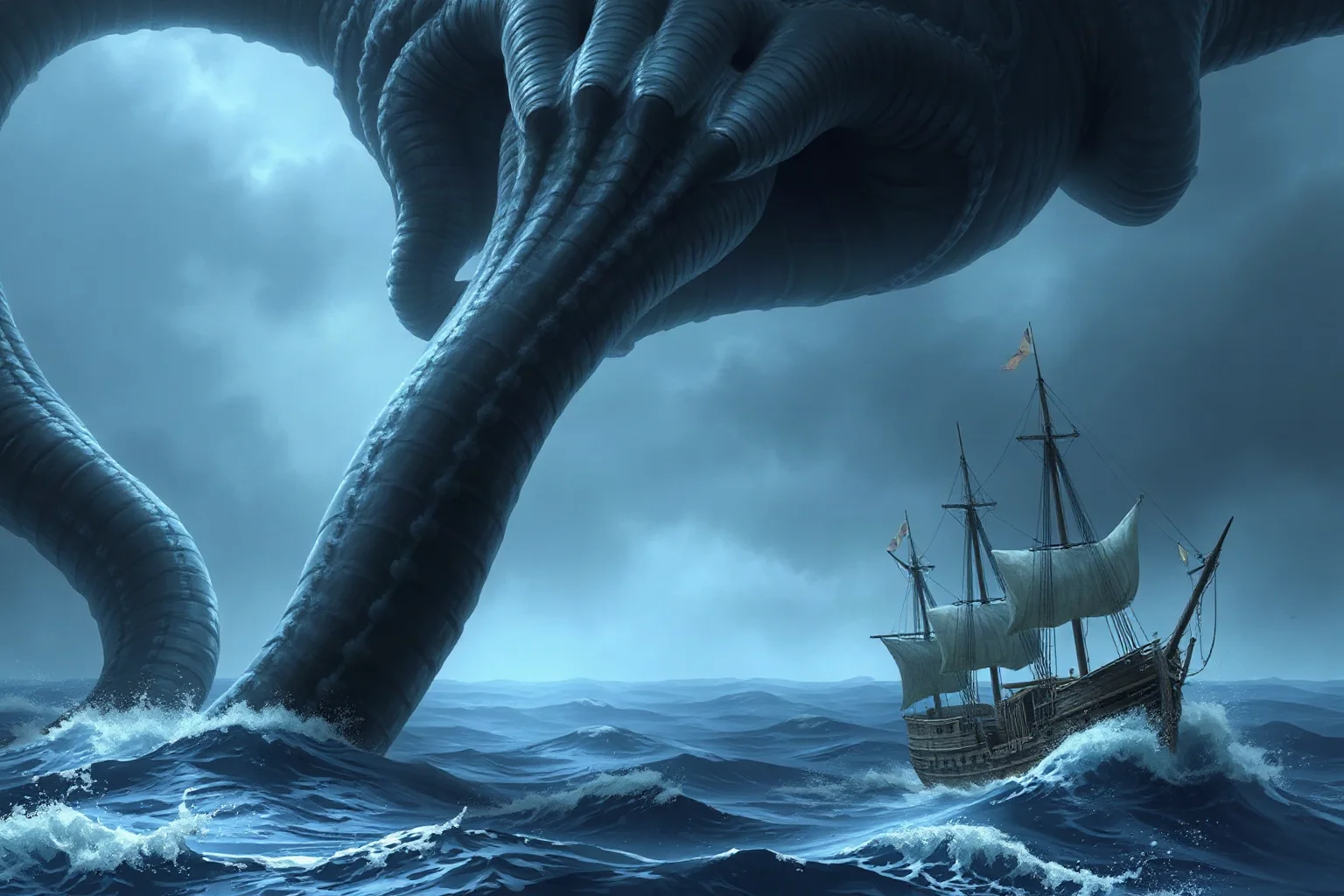 A giant sea monster's tentacles rising beside a small wooden sailing ship in a storm