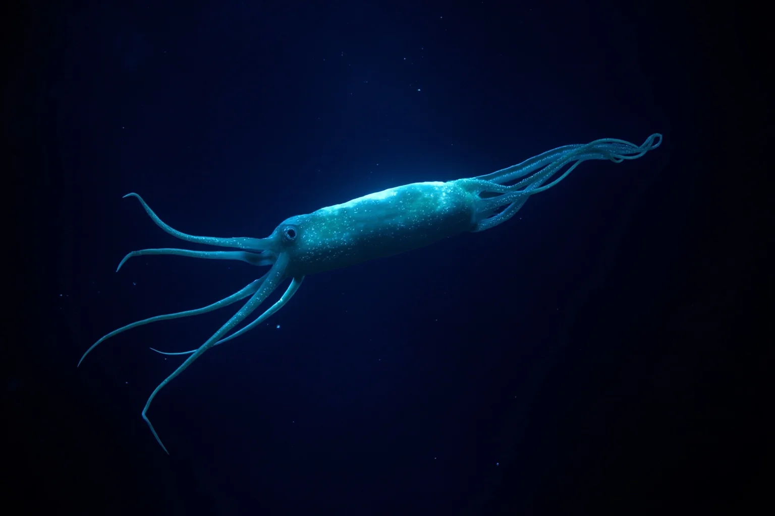 22 Ocean Mysteries We Still Haven't Solved 14 A giant squid with long tentacles glowing faintly in the deep dark ocean