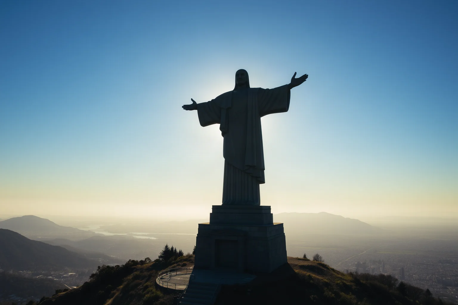 A giant stone statue of a robed figure with outstretched arms on a mountaintop overlooking a city