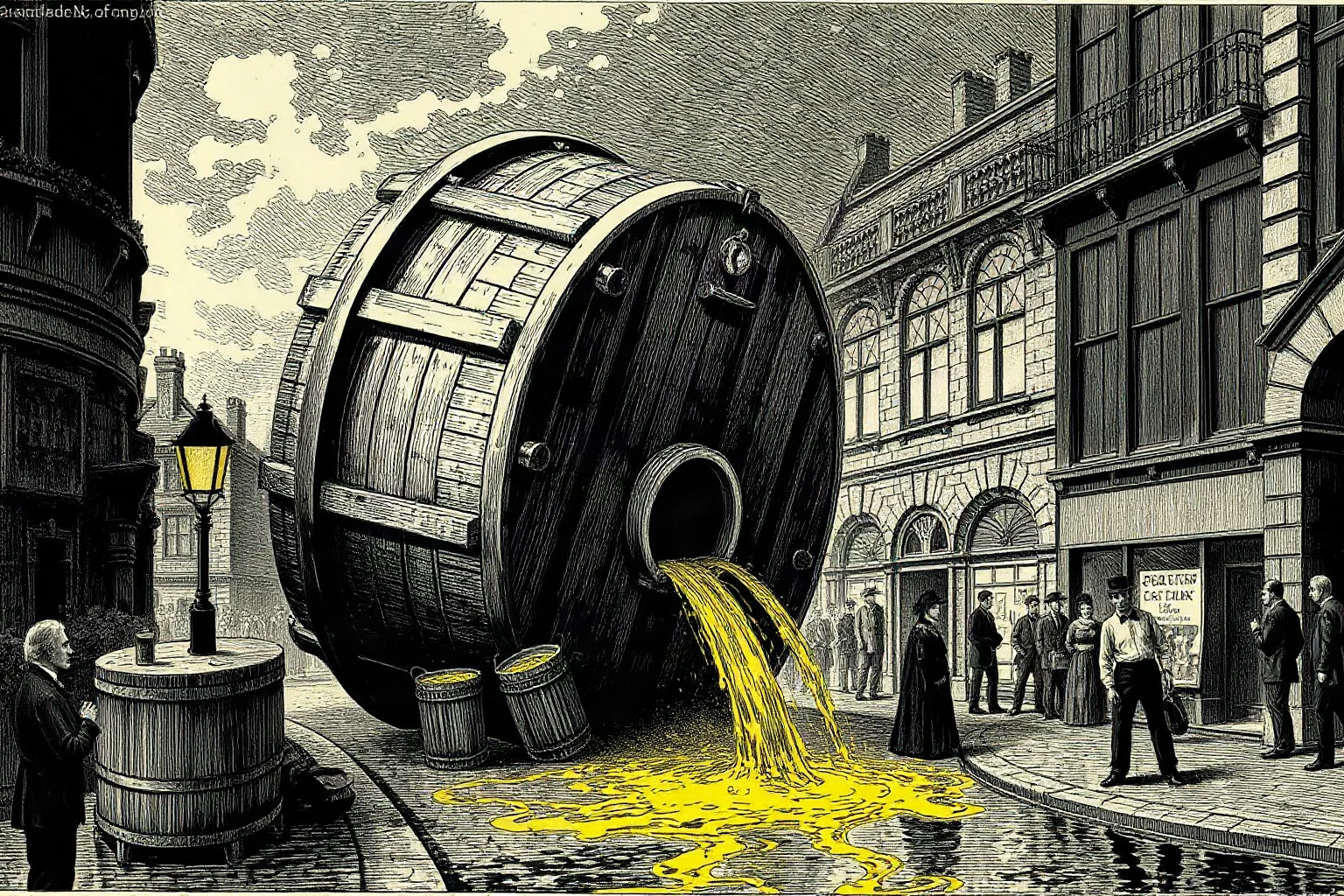 A giant wooden brewery vat bursting and flooding a 19th-century London street with liquid, historical illustration