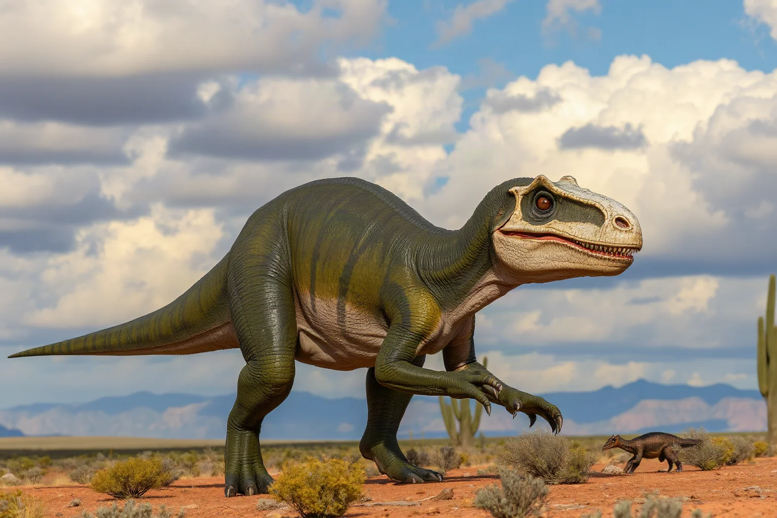 A Giganotosaurus with a lightly built skull stalking prey across open terrain