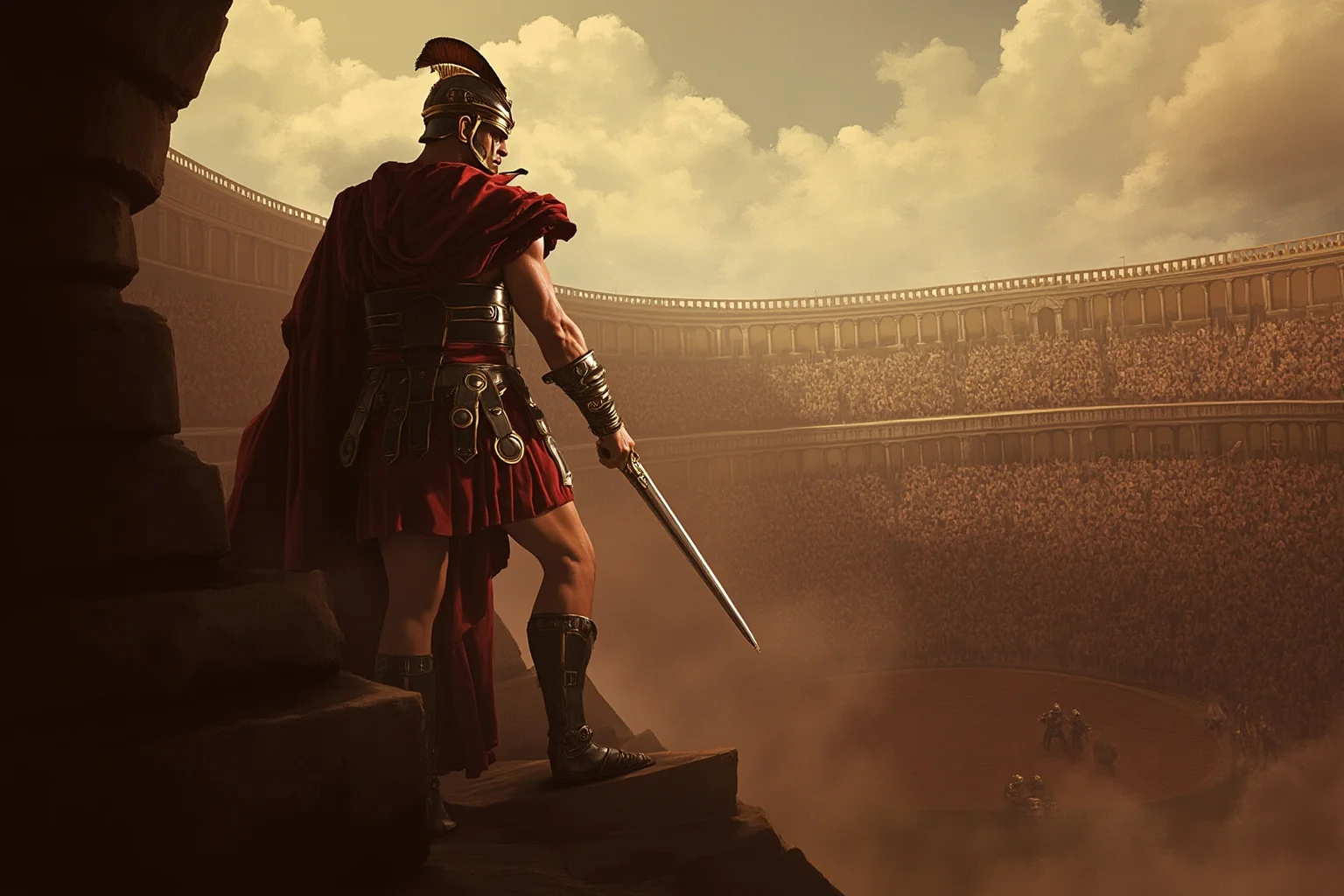 Great Leaders Who Rose From Obscurity 5 A gladiator in a Roman arena looking defiantly toward a crowd, dramatic lighting, historical illustration style