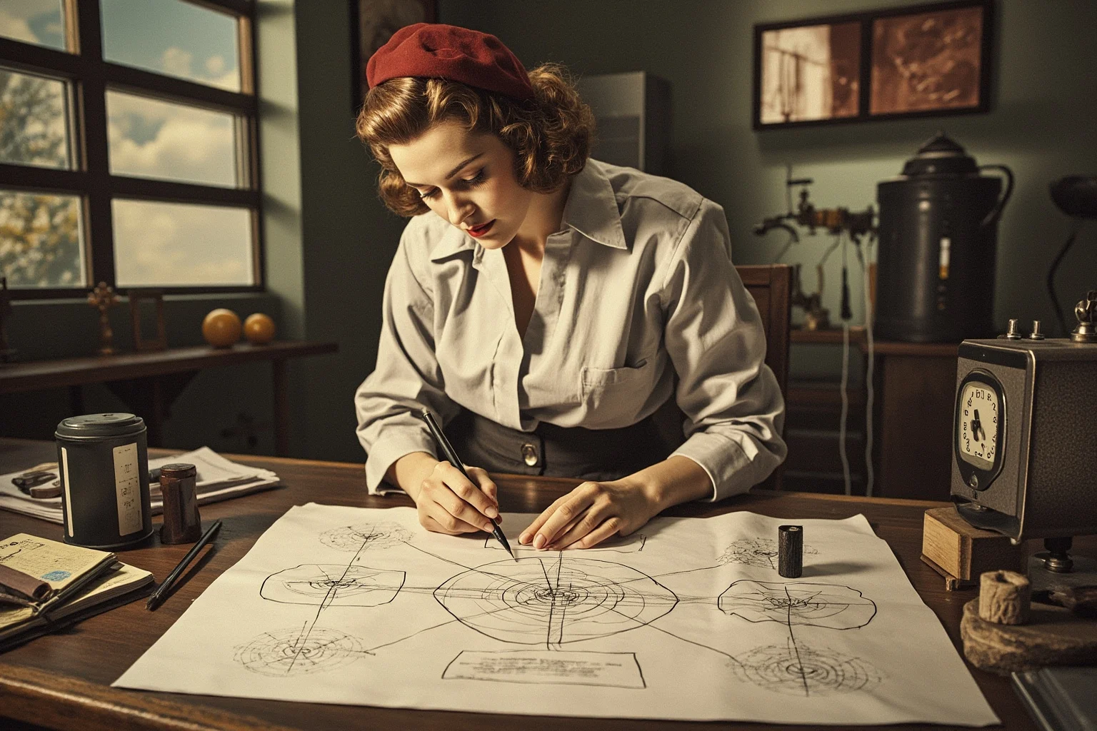 A glamorous 1940s actress at a workbench sketching a radio-signal diagram, illustrative style blending old Hollywood and invention