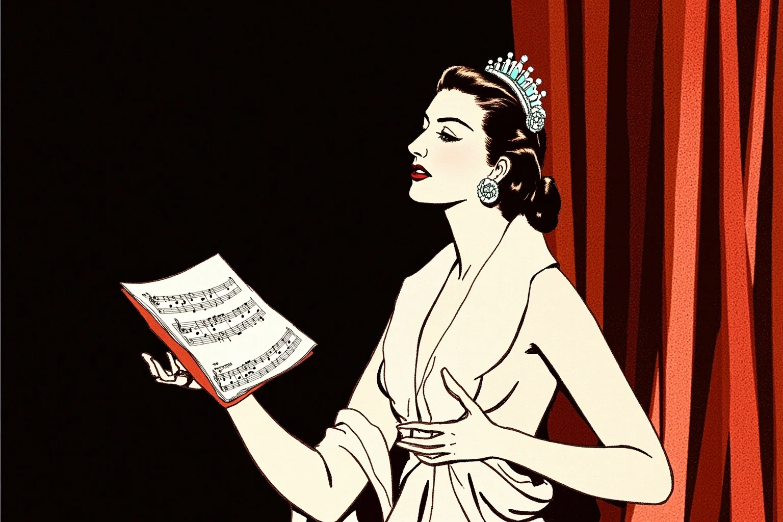 A glamorous 1940s stage performer with hidden sheet music, standing near a stage curtain, illustrated style