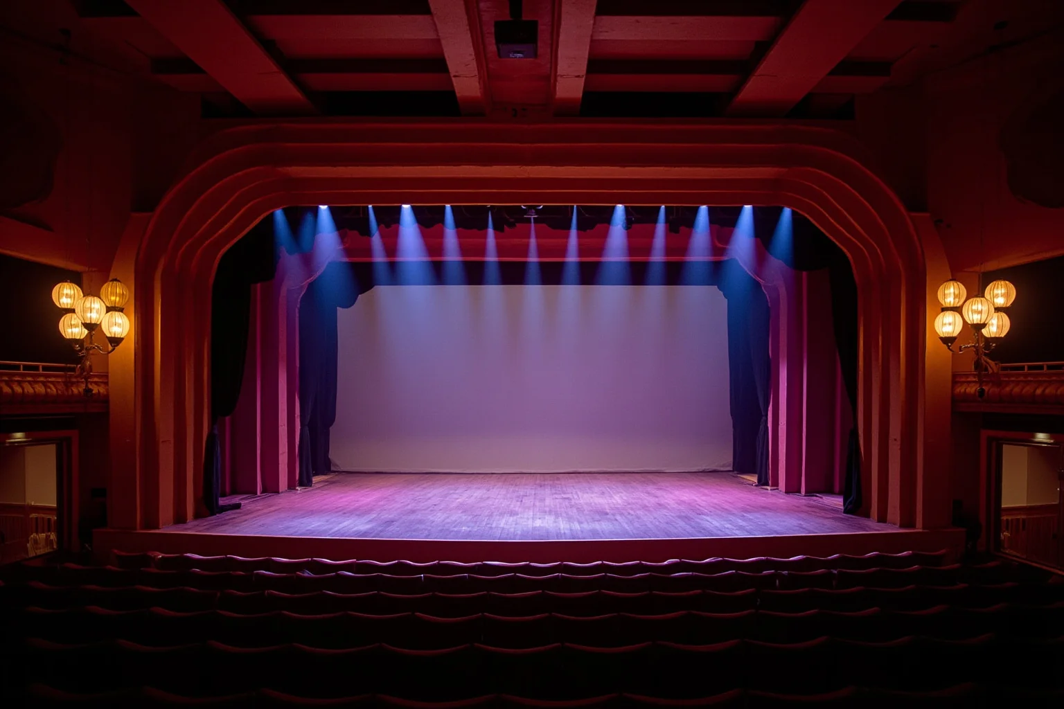 A glamorous 1970s Las Vegas showroom stage with orchestra seating and dramatic lighting