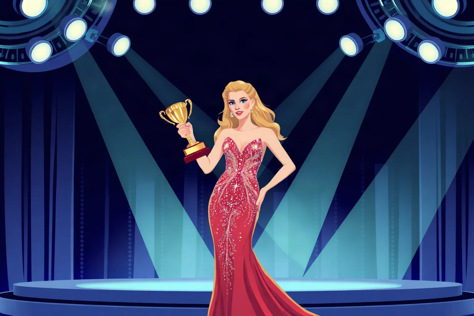 A glamorous actress in a sparkling gown holding a golden trophy on a spotlighted awards-show stage, retro 1980s illustration style