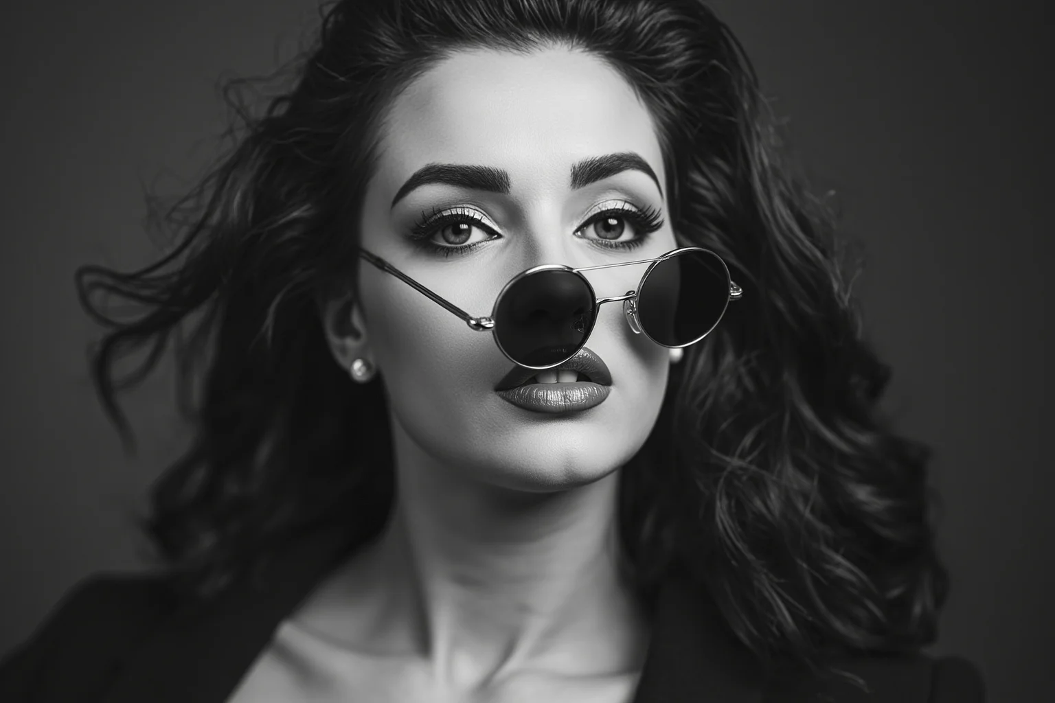 A glamorous black-and-white style portrait of a person wearing round vintage sunglasses, old Hollywood aesthetic