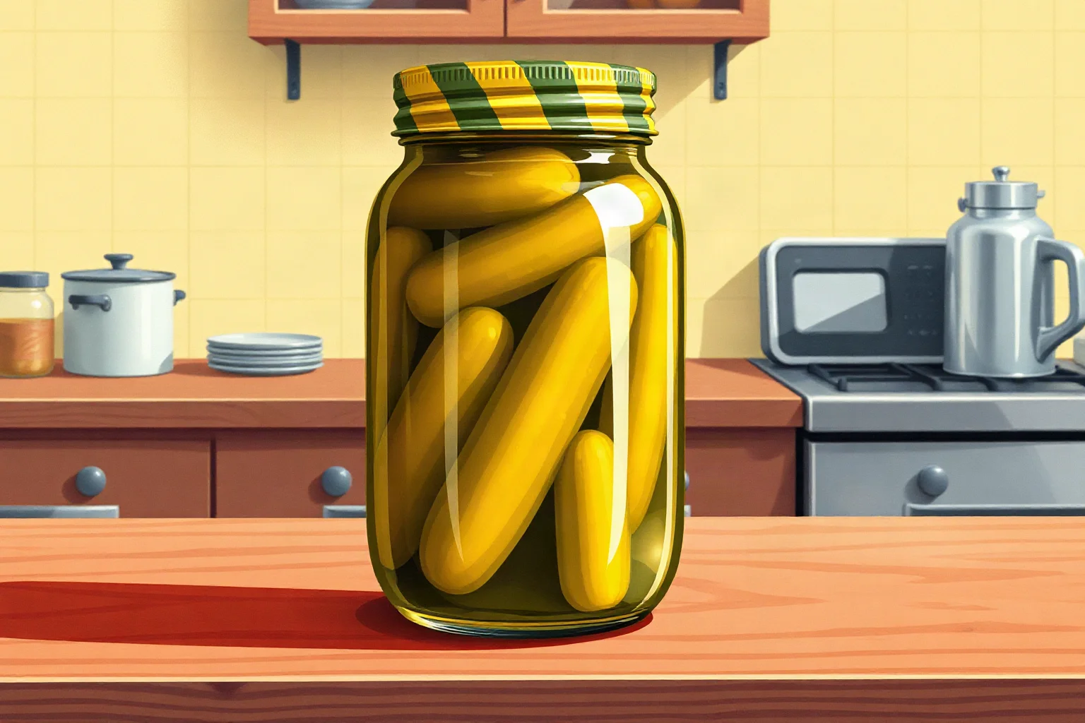 A glass jar of pickles on a wooden kitchen counter, warm vintage 1940s advertising illustration style