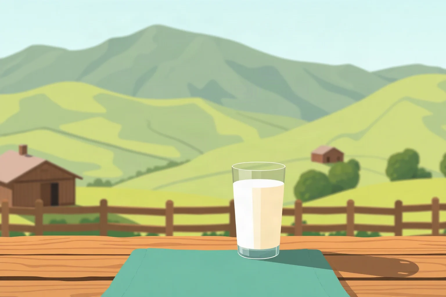A glass of milk on a farmhouse table with rolling green Utah hills in the background, pastoral illustration