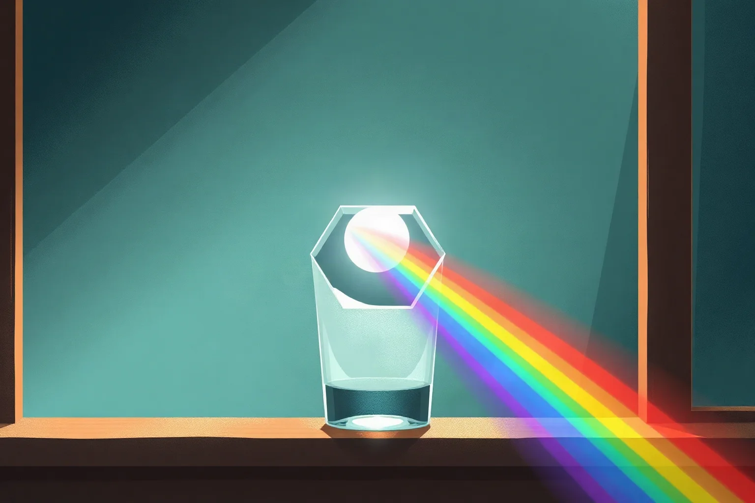 A glass prism splitting a beam of sunlight into a rainbow spectrum on a wooden windowsill, illustration style