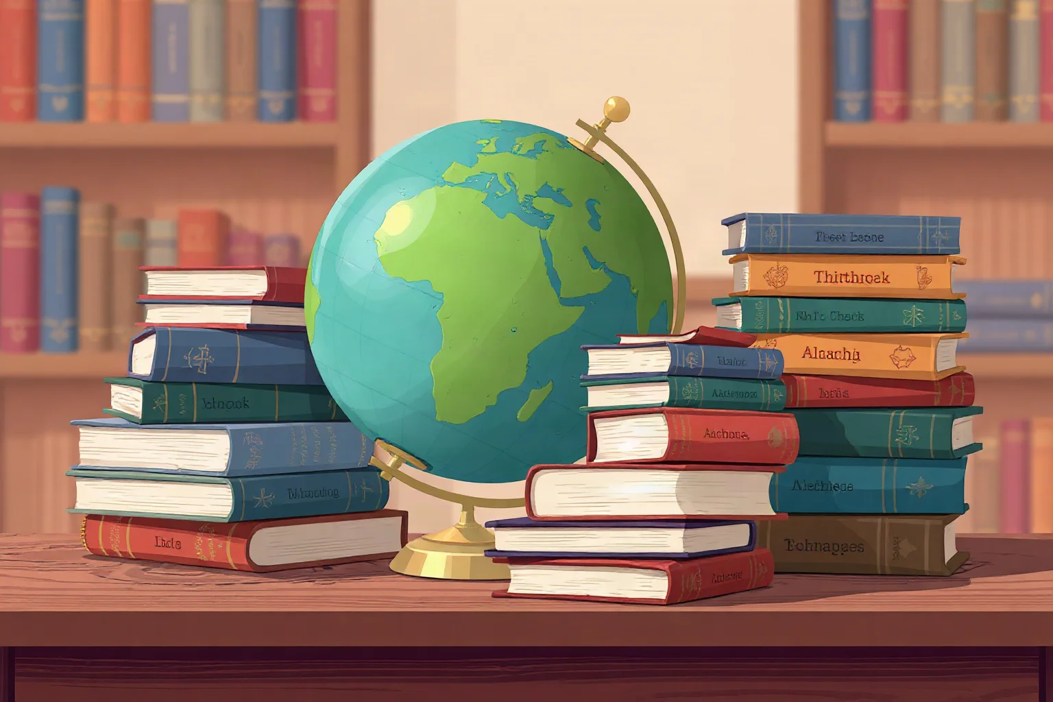 A globe surrounded by stacks of books in different alphabets on a wooden desk, representing multilingual study, illustration style