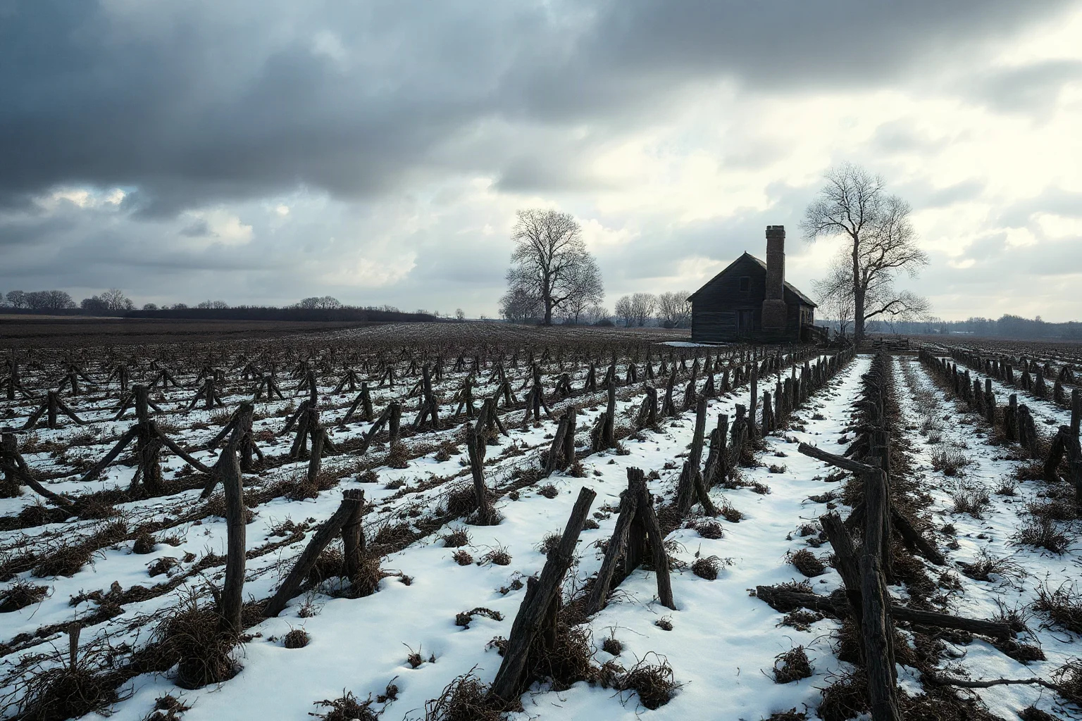 A gloomy, snow-covered farm field in summer with wilted crops, 19th-century rural landscape