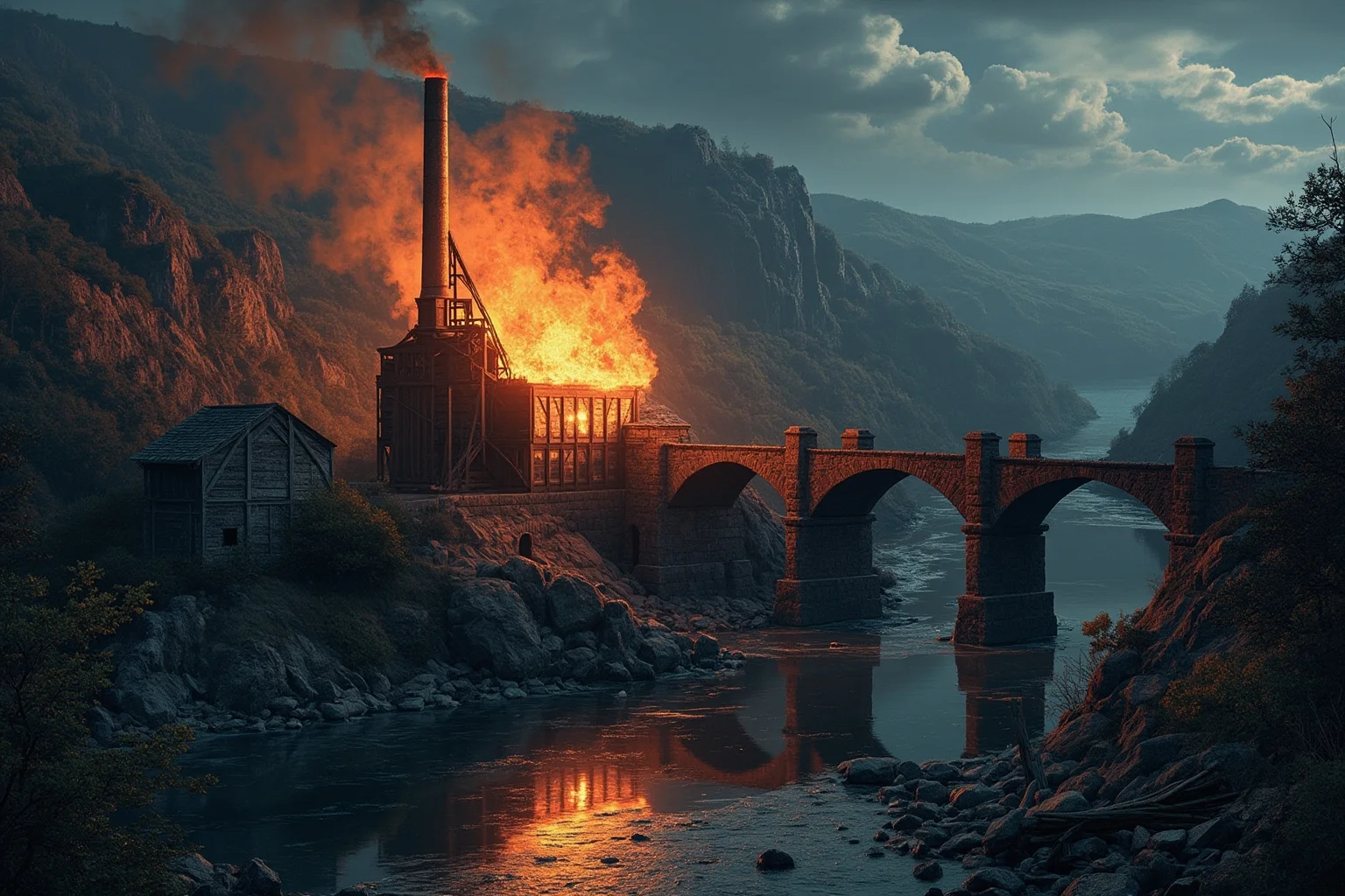 A glowing 18th-century ironworks furnace beside a stone bridge over a river valley, illustration style