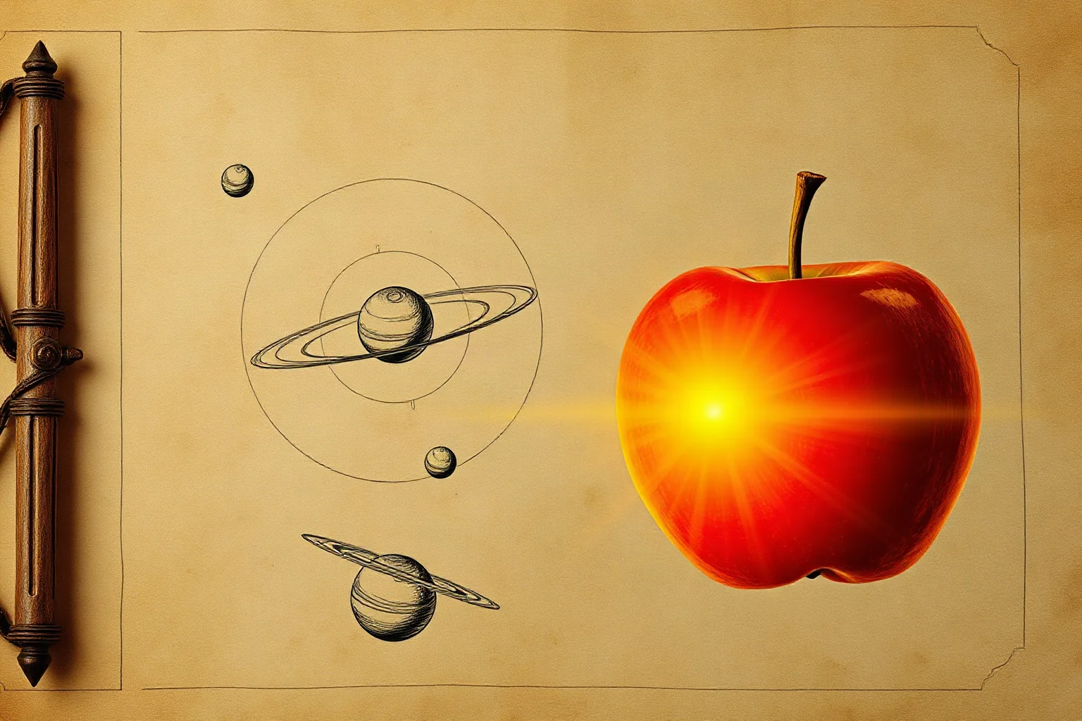A glowing apple falling near a diagram of orbiting planets sketched on old parchment, illustration style