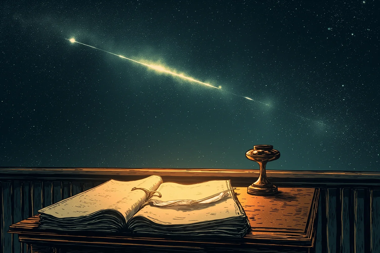 A glowing comet streaking across a starry night sky above an old wooden writing desk with a quill and manuscript pages, warm vintage illustration style