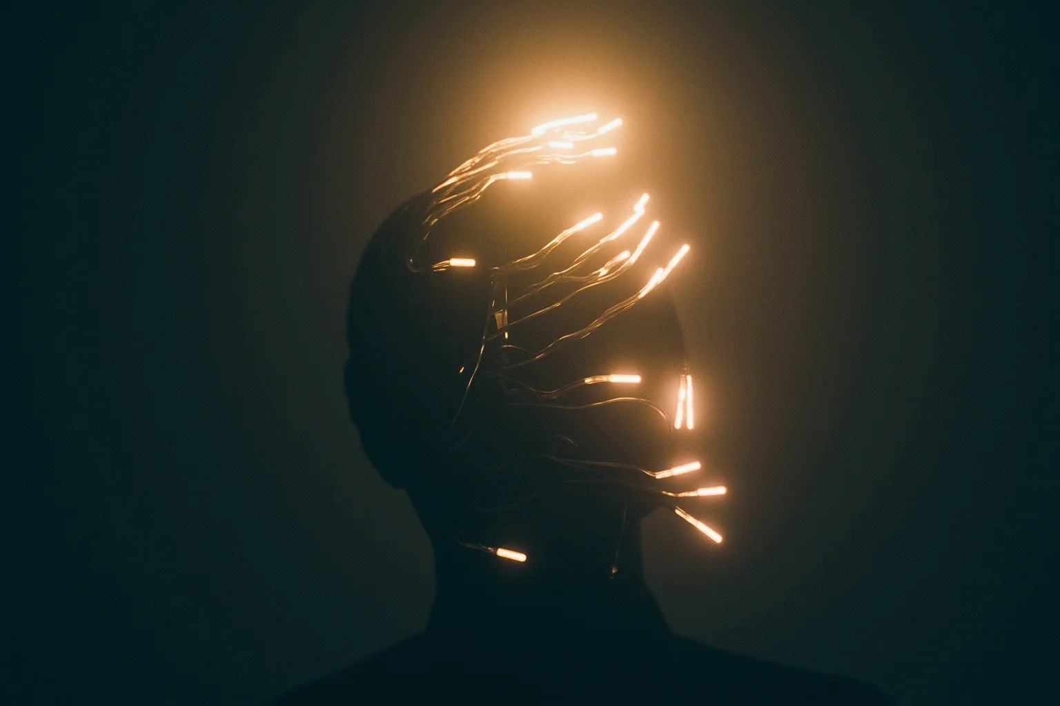 A glowing dream-like machine with cables connecting to a person's temple, surreal soft lighting